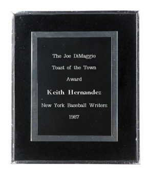 1987 Keith Hernandez Joe DiMaggio Toast of the Town Award (Hernandez LOA)